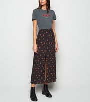 New Look Tall Black Floral Side Split Midi Skirt